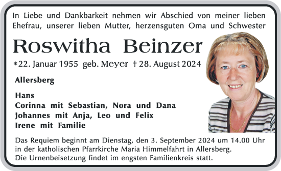 Traueranzeige von Roswitha Beinzer von Roth-Hilpoltsteiner Volkszeitung Lokal