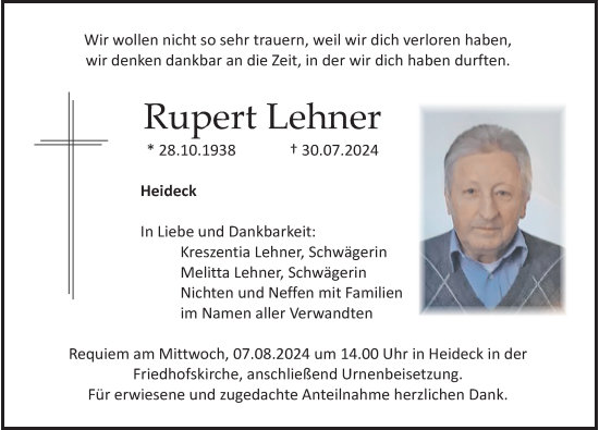 Traueranzeige von Rupert Lehner von Roth-Hilpoltsteiner Volkszeitung Lokal