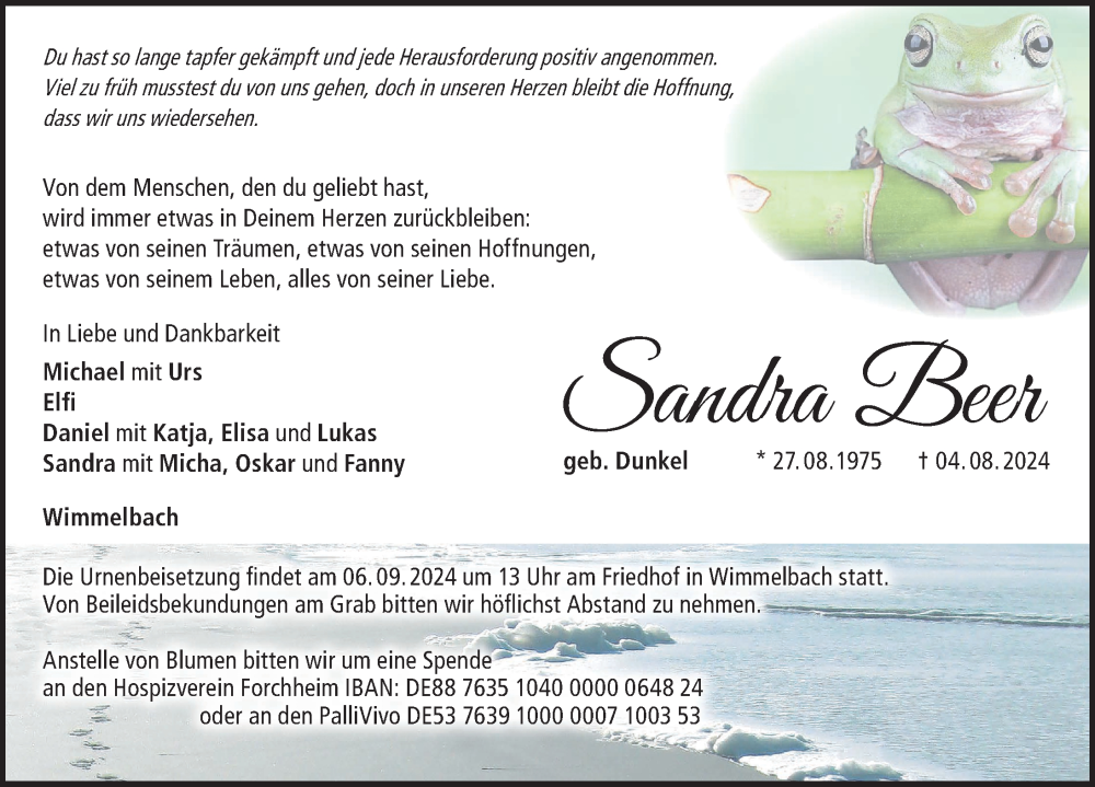  Traueranzeige für Sandra Beer vom 31.08.2024 aus Nordbayerische Nachrichten Forchheim Lokal