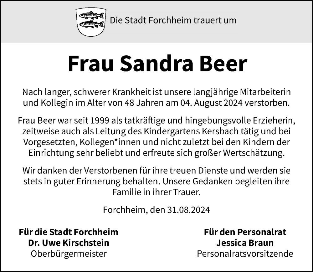  Traueranzeige für Sandra Beer vom 31.08.2024 aus Nordbayerische Nachrichten Forchheim Lokal