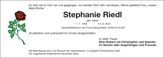 Traueranzeige von Stephanie Riedl von Gesamtausgabe Nürnberger Nachrichten/ Nürnberger Ztg./ Fürther Nachrichten