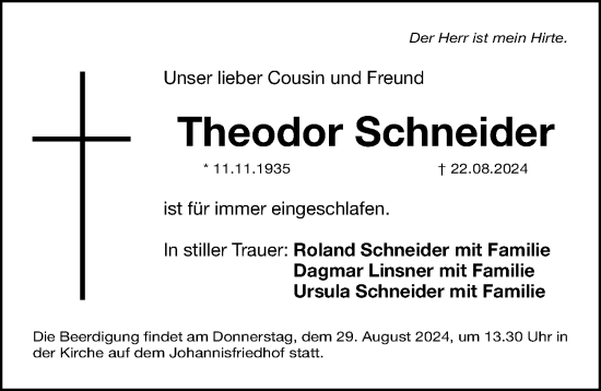 Traueranzeige von Theodor Schneider von Gesamtausgabe Nürnberger Nachrichten/ Nürnberger Ztg.