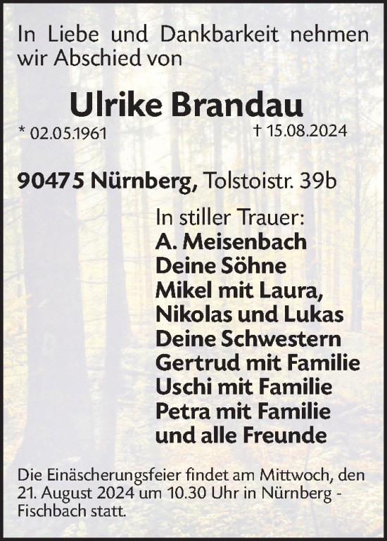 Traueranzeige von Ulrike Brandau von Gesamtausgabe Nürnberger Nachrichten/ Nürnberger Ztg.