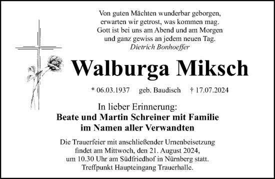 Traueranzeige von Walburga Miksch von Gesamtausgabe Nürnberger Nachrichten/ Nürnberger Ztg.