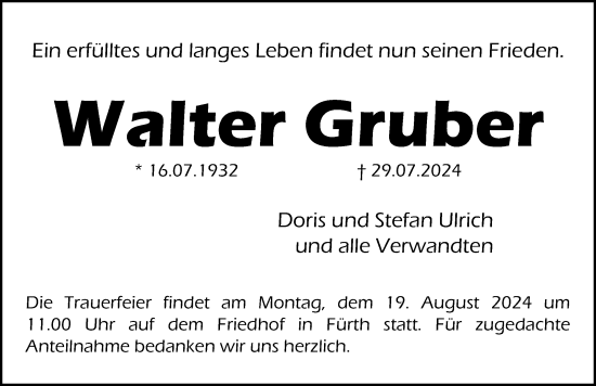 Traueranzeige von Walter Gruber von Fürther Nachrichten Lokal