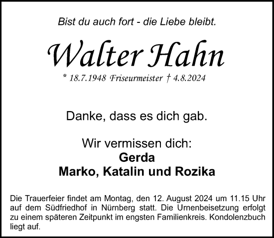 Traueranzeige von Walter Hahn von Gesamtausgabe Nürnberger Nachrichten/ Nürnberger Ztg.