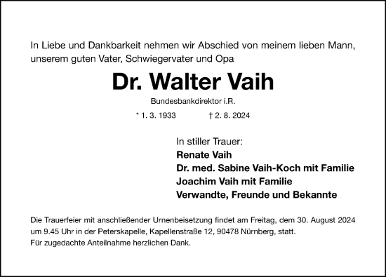 Traueranzeige von Walter Vaih von Gesamtausgabe Nürnberger Nachrichten/ Nürnberger Ztg.