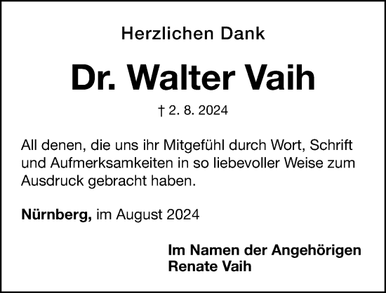 Traueranzeige von Walter Vaih von Gesamtausgabe Nürnberger Nachrichten/ Nürnberger Ztg.