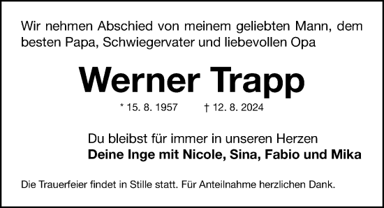 Traueranzeige von Werner Trapp von Fürther Nachrichten Lokal