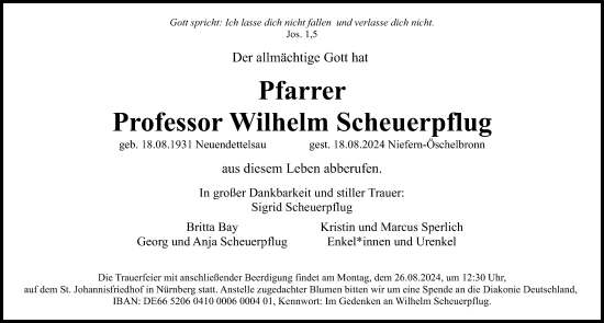 Traueranzeige von Wilhelm Scheuerpflug von Gesamtausgabe Nürnberger Nachrichten/ Nürnberger Ztg.