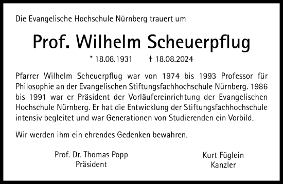 Traueranzeige von Wilhelm Scheuerpflug von Gesamtausgabe Nürnberger Nachrichten/ Nürnberger Ztg.