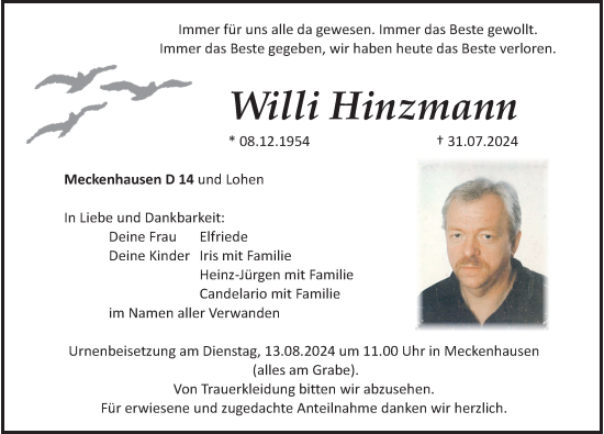 Traueranzeige von Willi Hinzmann von Roth-Hilpoltsteiner Volkszeitung Lokal