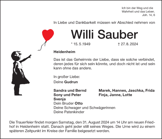 Traueranzeige von Willi Sauber von Altmühl-Bote Lokal