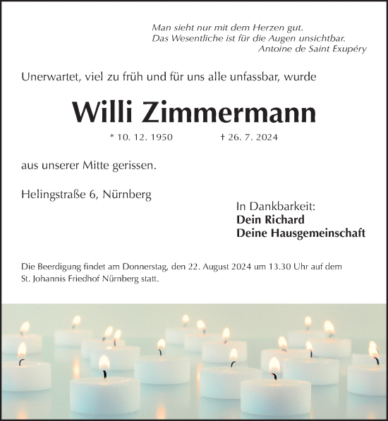 Traueranzeige von Willi Zimmermann von Gesamtausgabe Nürnberger Nachrichten/ Nürnberger Ztg.