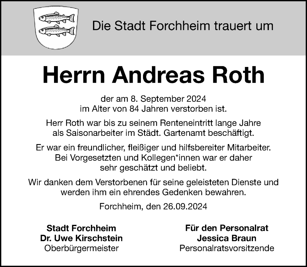  Traueranzeige für Andreas Roth vom 26.09.2024 aus Nordbayerische Nachrichten Forchheim Lokal