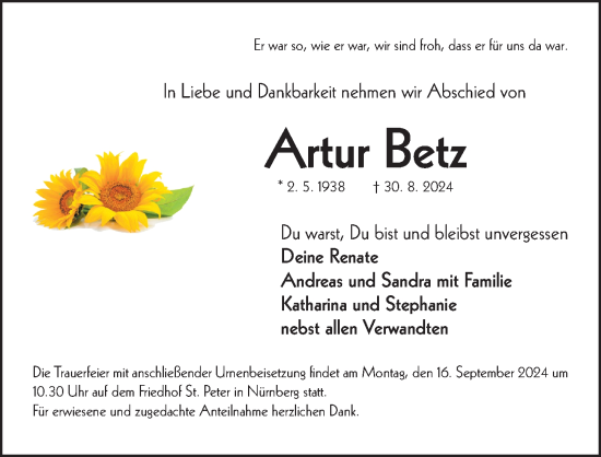 Traueranzeige von Artur Betz von Gesamtausgabe Nürnberger Nachrichten/ Nürnberger Ztg.