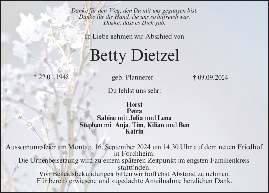 Traueranzeige von Betty Dietzel von Nordbayerische Nachrichten Forchheim Lokal