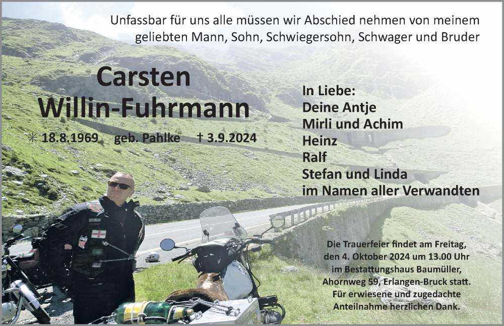  Traueranzeige für Carsten Willin-Fuhrmann vom 28.09.2024 aus Erlanger Nachrichten Lokal