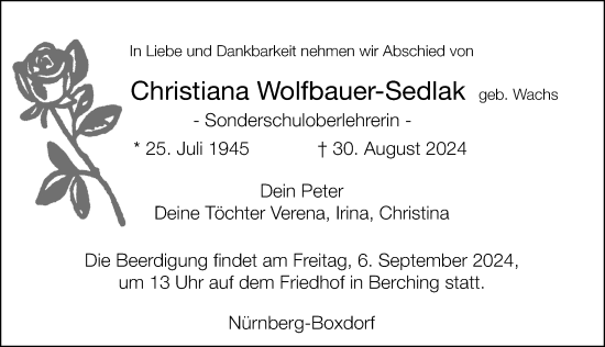 Traueranzeige von Christiana Wolfbauer-Sedlak von Gesamtausgabe Nürnberger Nachrichten/ Nürnberger Ztg.