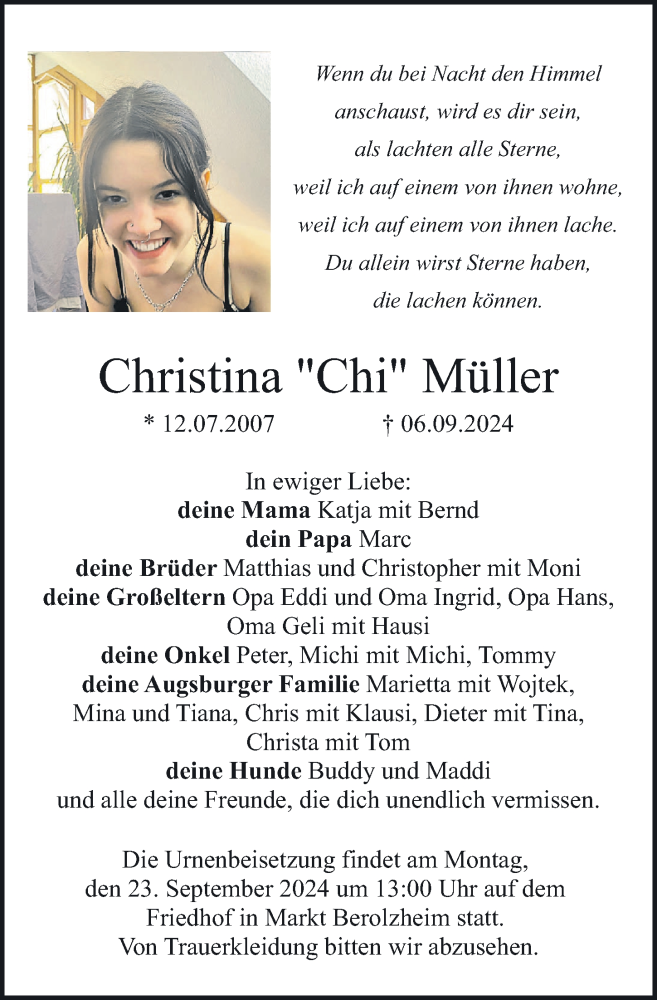  Traueranzeige für Christina Müller vom 18.09.2024 aus HAB,HST