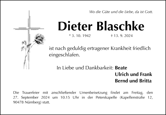 Traueranzeige von Dieter Blaschke von Gesamtausgabe Nürnberger Nachrichten/ Nürnberger Ztg.