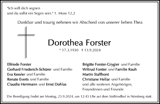 Traueranzeige von Dorothea Forster von Gesamtausgabe Nürnberger Nachrichten/ Nürnberger Ztg.