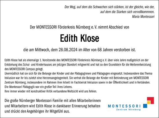 Traueranzeige von Edith Klose von Gesamtausgabe Nürnberger Nachrichten/ Nürnberger Ztg.