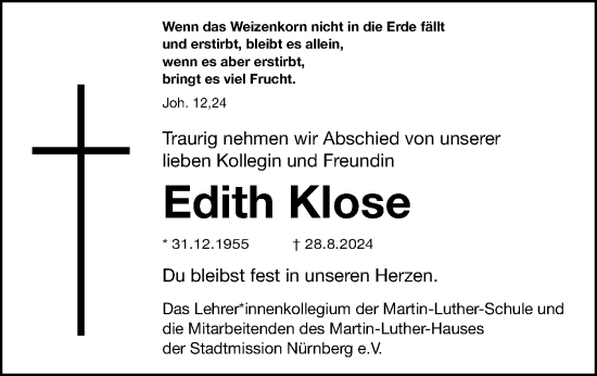 Traueranzeige von Edith Klose von Gesamtausgabe Nürnberger Nachrichten/ Nürnberger Ztg.