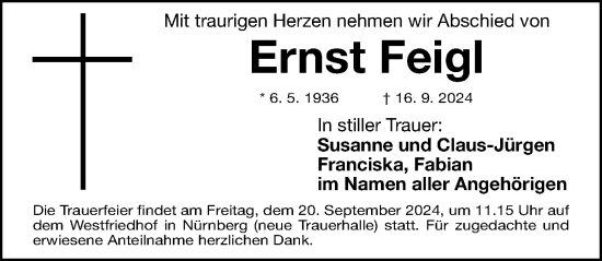 Traueranzeige von Ernst Feigl von Gesamtausgabe Nürnberger Nachrichten/ Nürnberger Ztg.