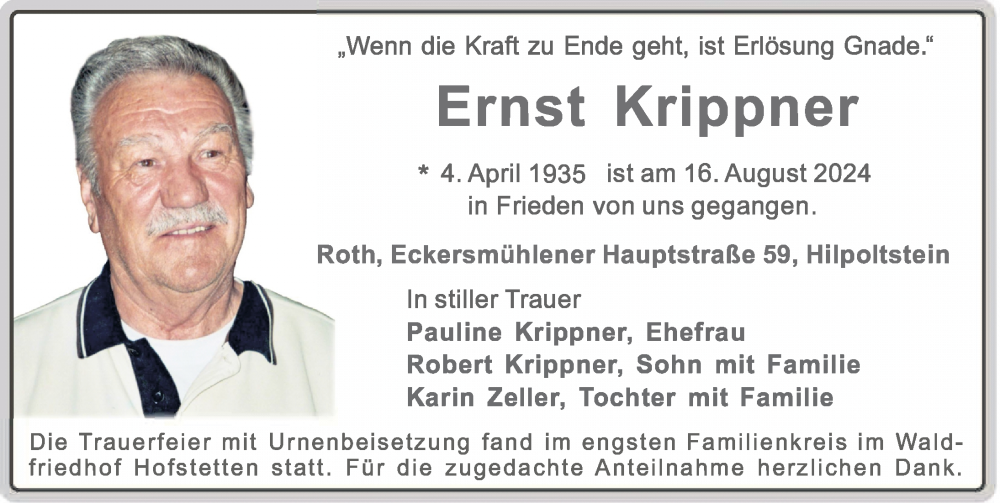  Traueranzeige für Ernst Krippner vom 07.09.2024 aus Roth-Hilpoltsteiner Volkszeitung Lokal
