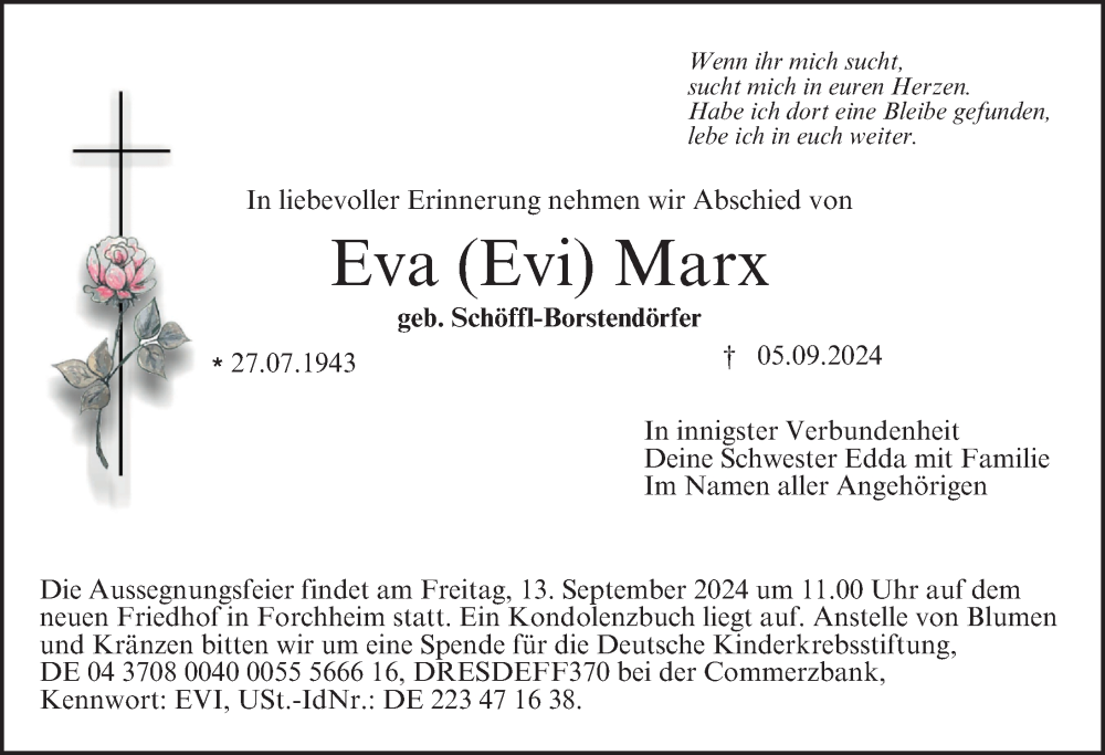  Traueranzeige für Eva  Marx vom 10.09.2024 aus Nordbayerische Nachrichten Forchheim Lokal