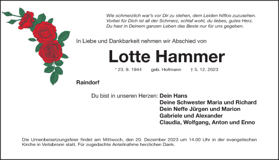Traueranzeige von Lotte Hammer von Fürther Nachrichten Lokal