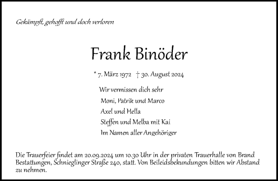 Traueranzeige von Frank Binöder von Gesamtausgabe Nürnberger Nachrichten/ Nürnberger Ztg.