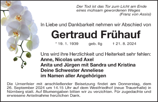 Traueranzeige von Gertraud Frühauf von Gesamtausgabe Nürnberger Nachrichten/ Nürnberger Ztg.