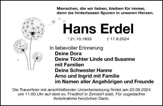 Traueranzeige von Hans Erdel von Fürther Nachrichten Lokal