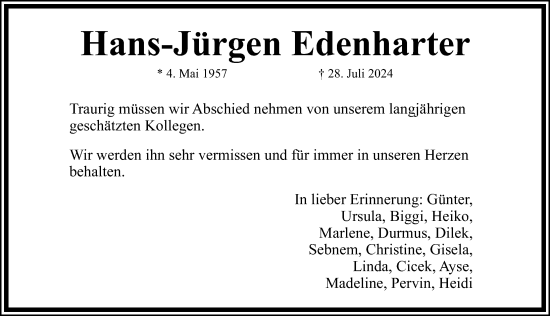 Traueranzeige von Hans-Jürgen Edenharter von Gesamtausgabe Nürnberger Nachrichten/ Nürnberger Ztg.