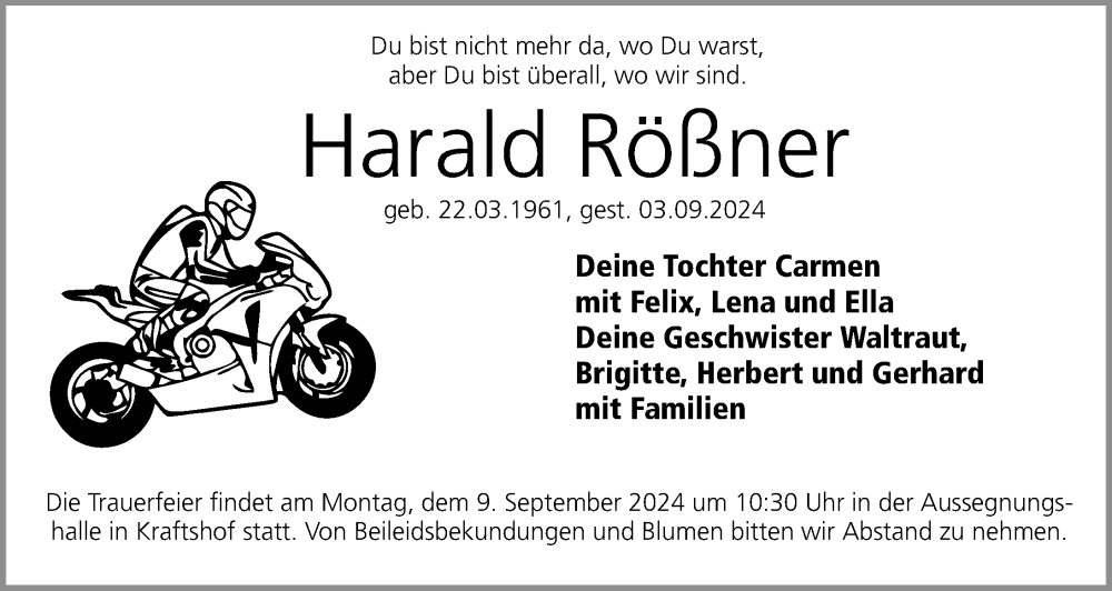  Traueranzeige für Harald Rößner vom 07.09.2024 aus Gesamtausgabe Nürnberger Nachrichten/ Nürnberger Ztg.