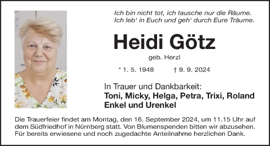 Traueranzeige von Heidi Götz von Gesamtausgabe Nürnberger Nachrichten/ Nürnberger Ztg.