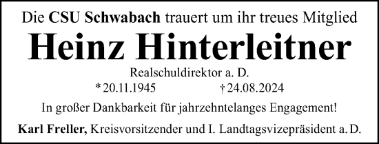 Traueranzeige von Heinz Hinterleitner von Schwabacher Tagblatt Lokal