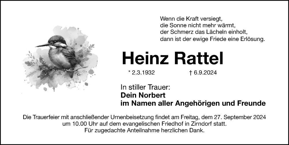  Traueranzeige für Heinz Rattel vom 21.09.2024 aus Fürther Nachrichten Lokal