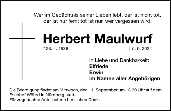 Traueranzeige von Herbert Maulwurf von Gesamtausgabe Nürnberger Nachrichten/ Nürnberger Ztg.