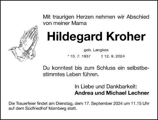 Traueranzeige von Hildegard Kroher von Gesamtausgabe Nürnberger Nachrichten/ Nürnberger Ztg.