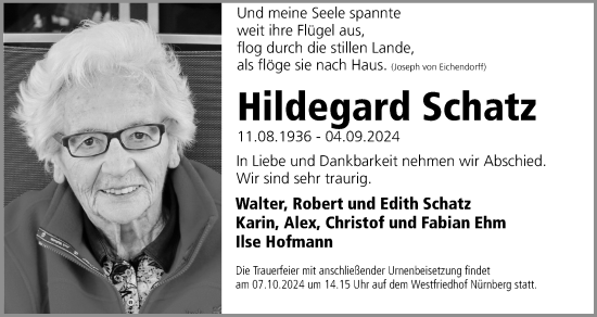 Traueranzeige von Hildegard Schatz von Gesamtausgabe Nürnberger Nachrichten/ Nürnberger Ztg.