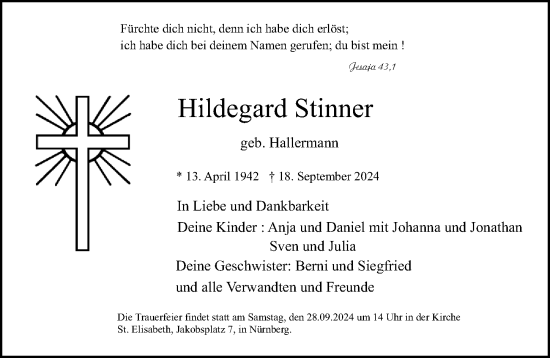 Traueranzeige von Hildegard Stinner von Gesamtausgabe Nürnberger Nachrichten/ Nürnberger Ztg.