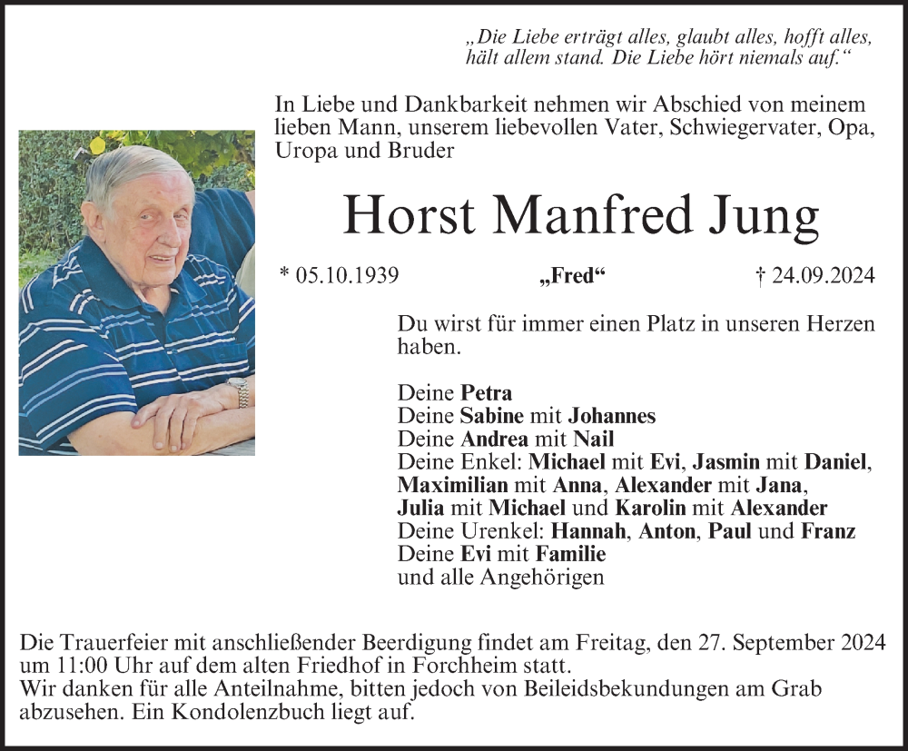  Traueranzeige für Horst  Jung vom 26.09.2024 aus Nordbayerische Nachrichten Forchheim Lokal