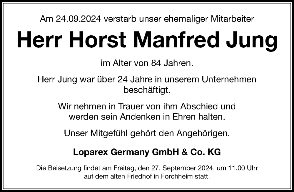  Traueranzeige für Horst  Jung vom 26.09.2024 aus Nordbayerische Nachrichten Forchheim Lokal