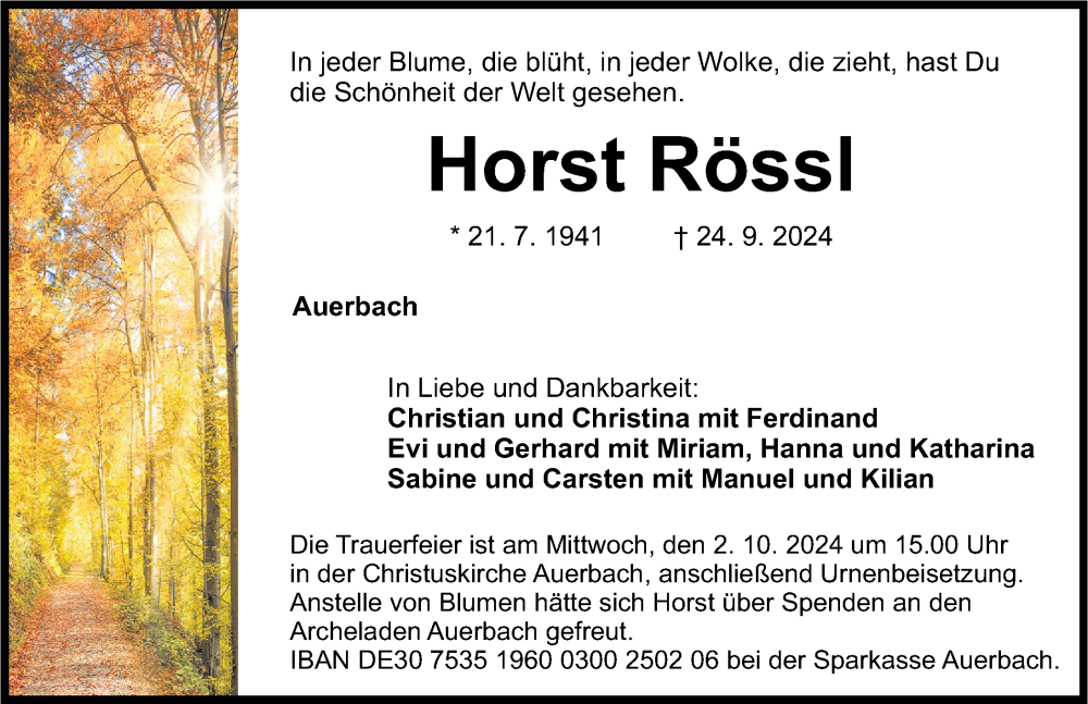  Traueranzeige für Horst Röss vom 28.09.2024 aus Nordbayerische Nachrichten Pegnitz Lokal