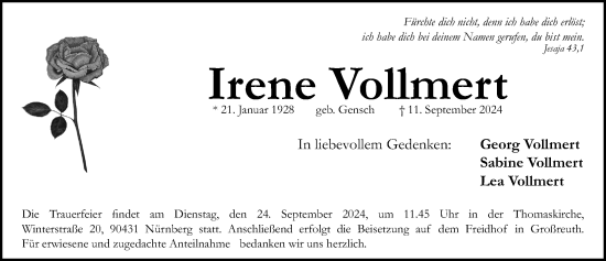 Traueranzeige von Irene Vollmert von Gesamtausgabe Nürnberger Nachrichten/ Nürnberger Ztg.