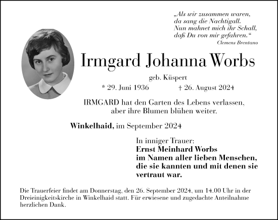 Traueranzeige von Irmgard Johanna  Worbs von Gesamtausgabe Nürnberger Nachrichten/ Nürnberger Ztg.