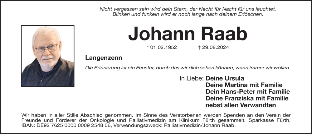  Traueranzeige für Johann Raab vom 07.09.2024 aus Gesamtausgabe Nürnberger Nachrichten/ Nürnberger Ztg.